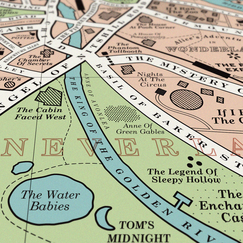Close up of the features on the Book Map Print